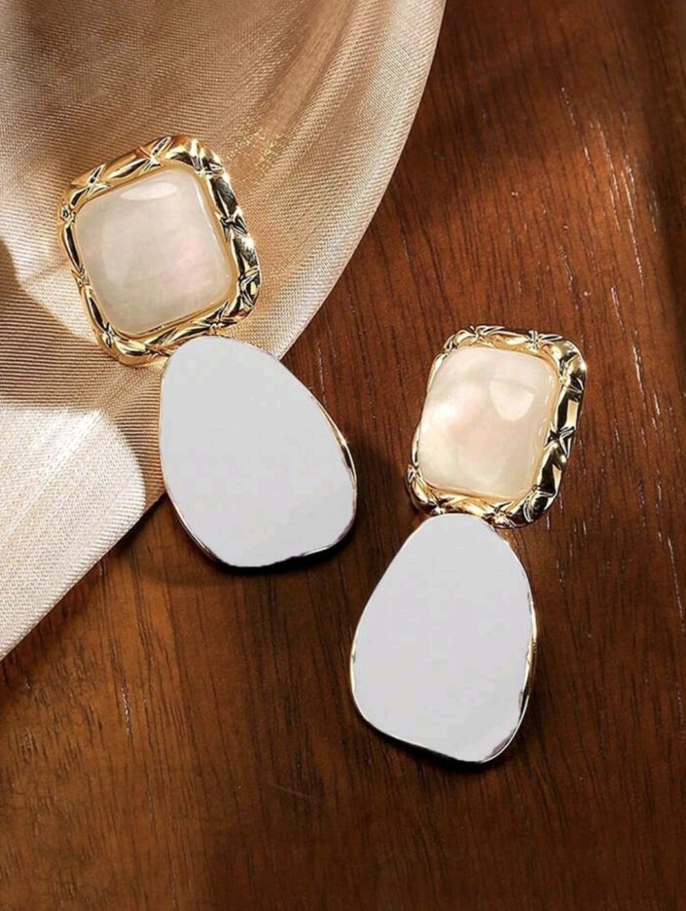 Gold-Plated Cream Stone Drop Earrings - Women Jewelry